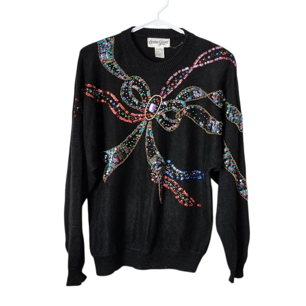 CHRISTINE GERARD 80s Glam Sequin Bow Jewel Sweater Holiday Party in‎ Black M